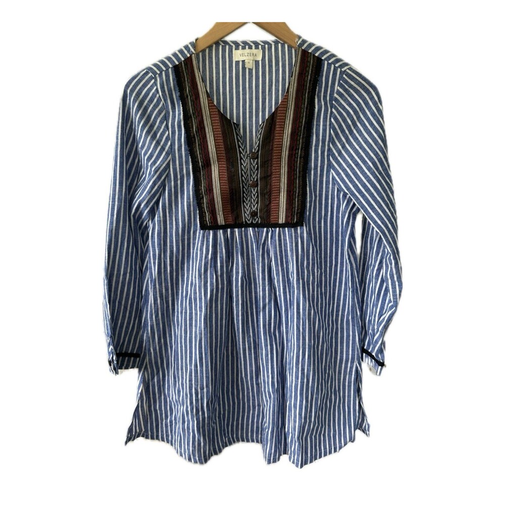 Velzera 100% Cotton Embroidered Applique Button Up Bib Stripe Long Sleeve Tunic
